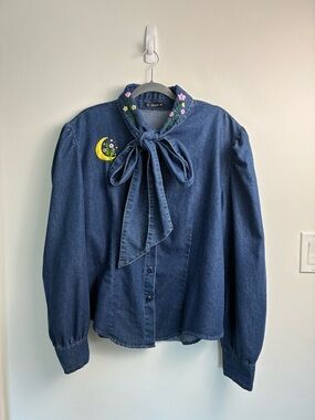 Denim Bow Tie Blouse Hand Embroidered Florals & Moon